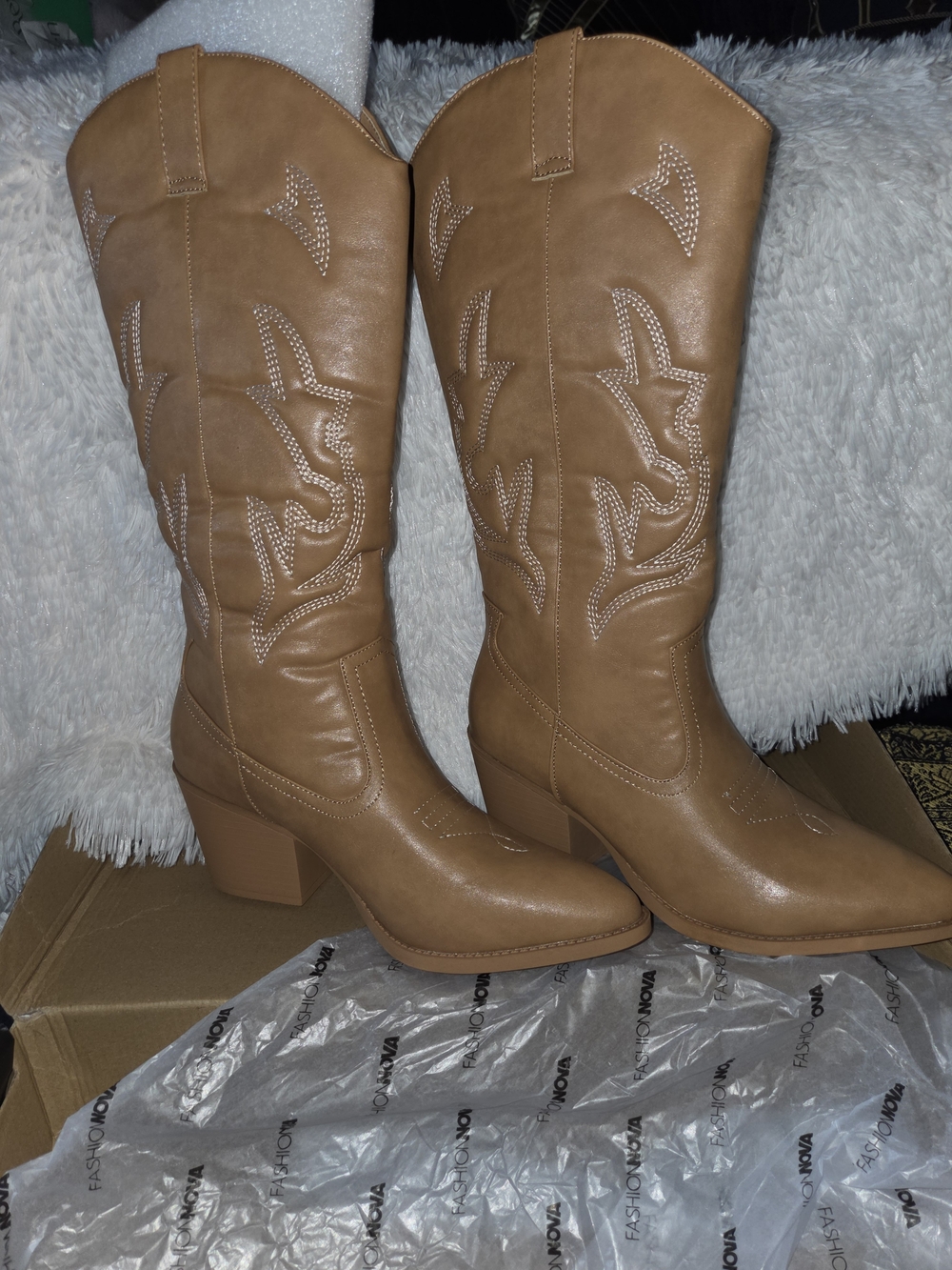 New Tan Western Embroidered Knee-High Boot